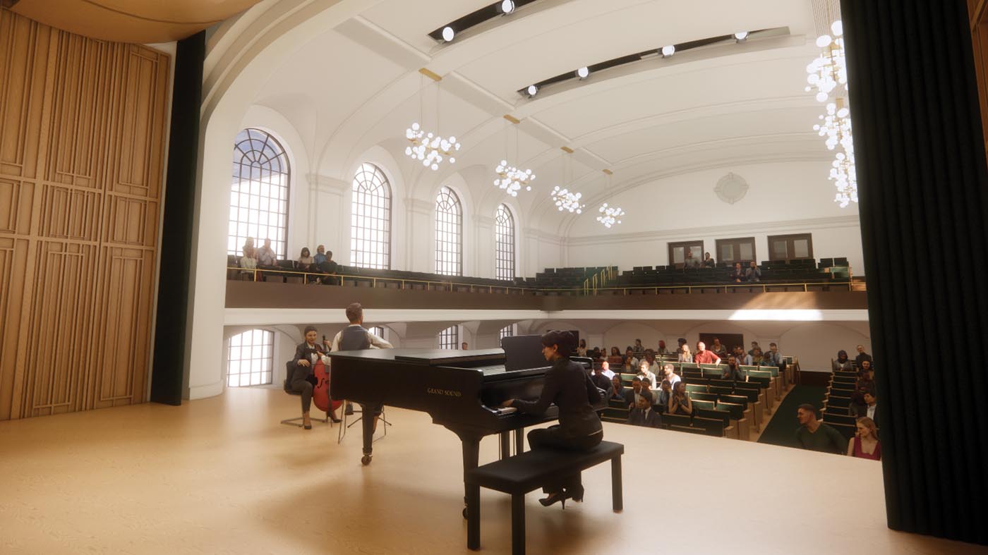 Architectural rendering from the stage of Convocation Hall, showing musicians performing before audience seating, balconies, and restored heritage windows.